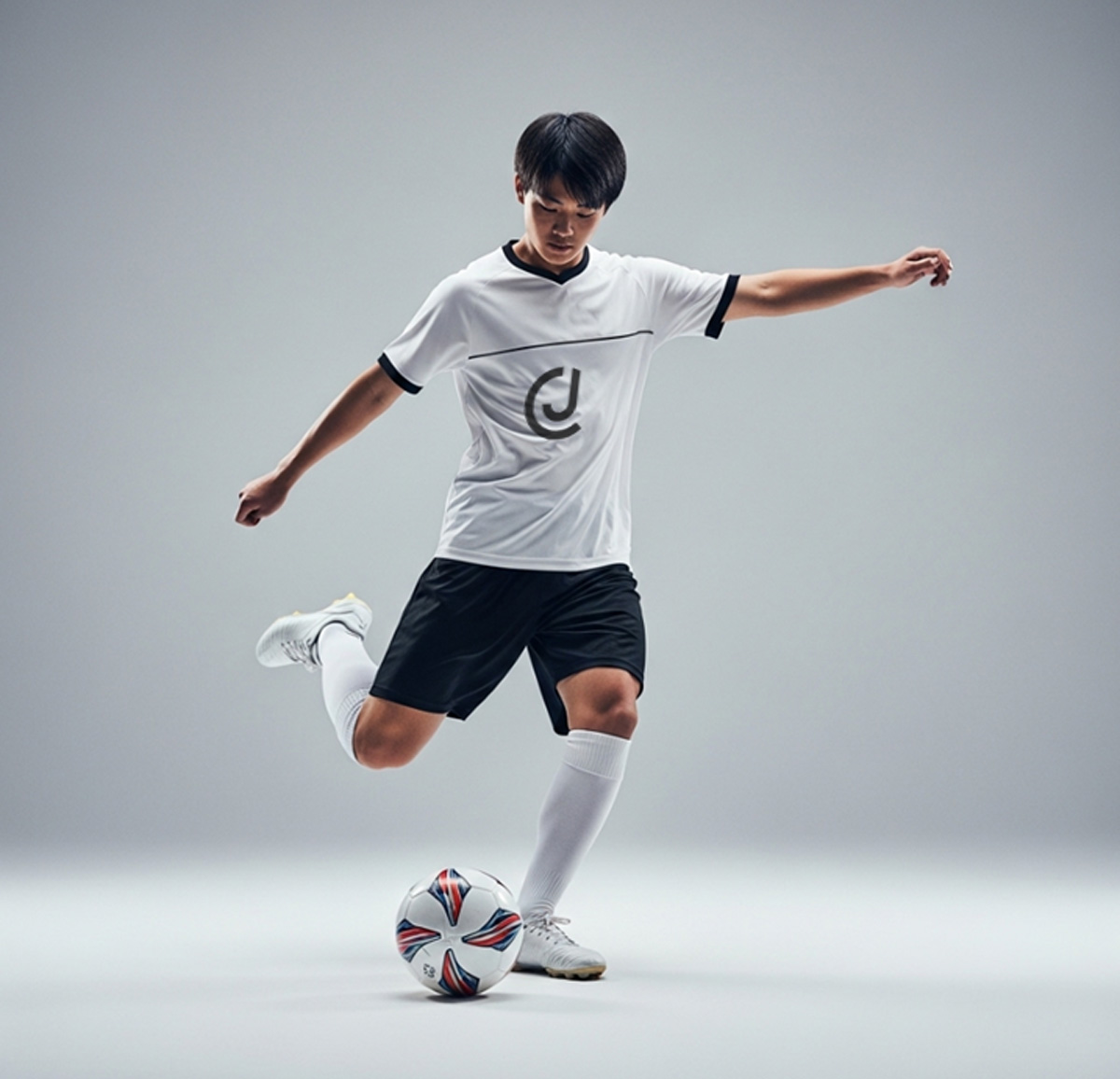 A young Japanese soccer player, representing JPRO Sport Management, in a dynamic full-body studio shot as he powerfully strikes a ball.